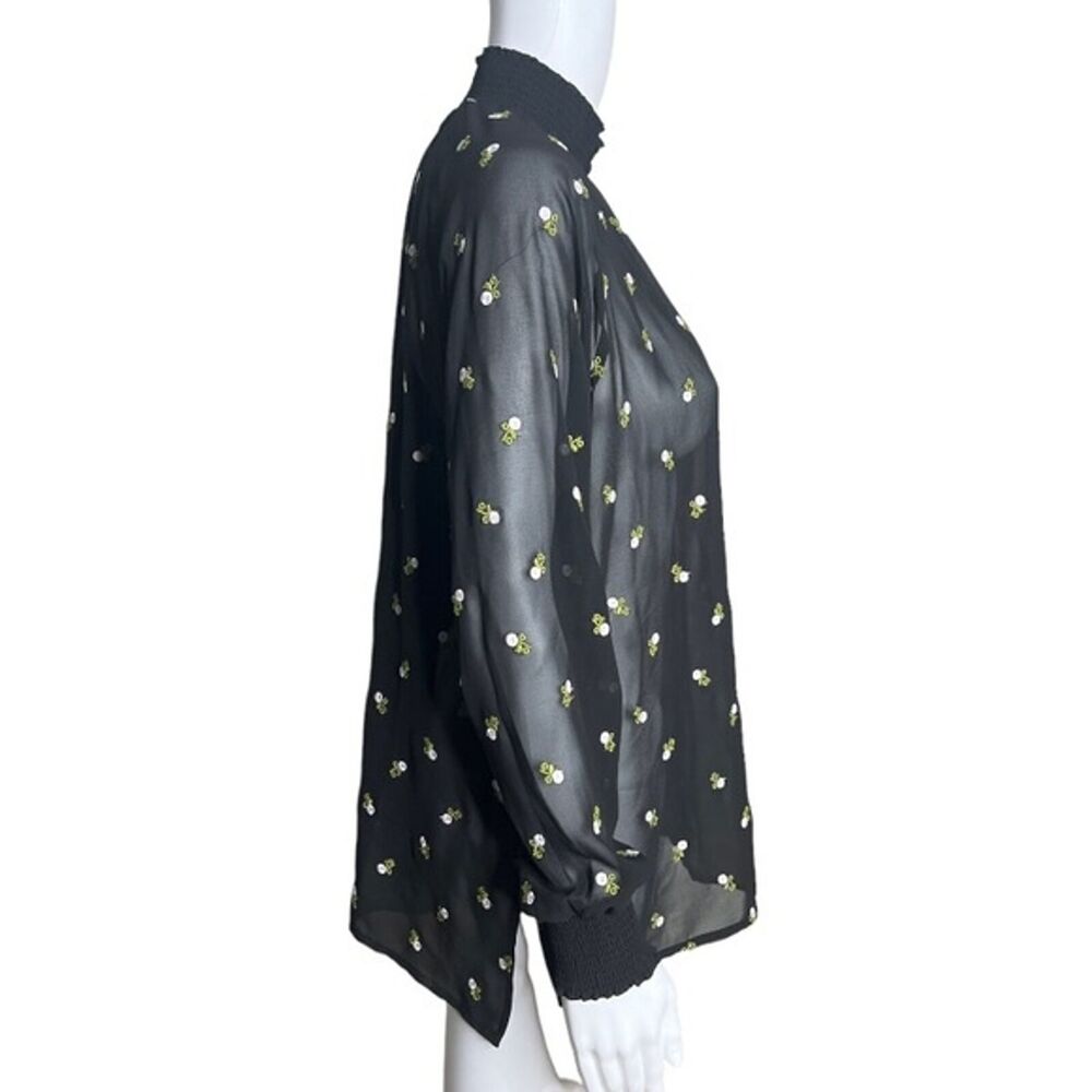 Cabi Shirt Womens Small Black White Alegria Embroidered Floral Sheer Peasant - Picture 2 of 8
